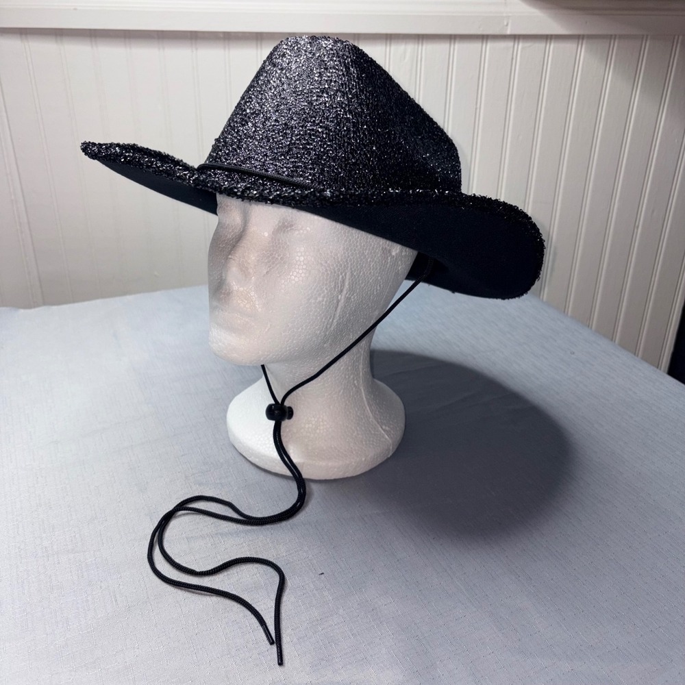 Cowboy Hat OS Black Glitter Sparkly Metallic Festival Glam Western